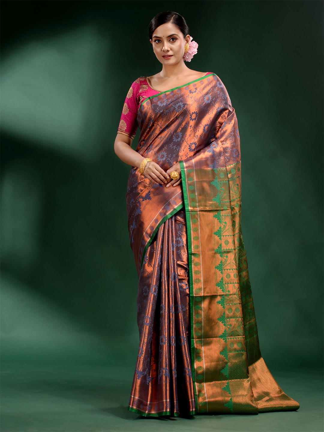 

Charukriti Copper Toned And Green Woven Design Zari Saree