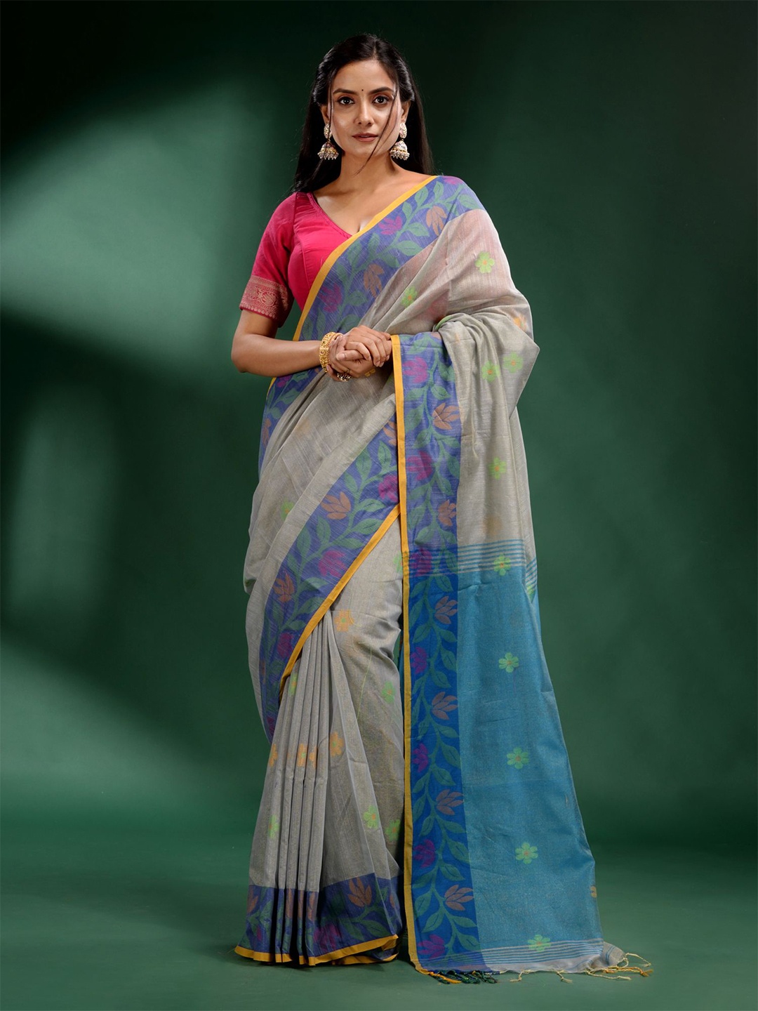 

Charukriti Grey And Blue Woven Design Tissue Saree