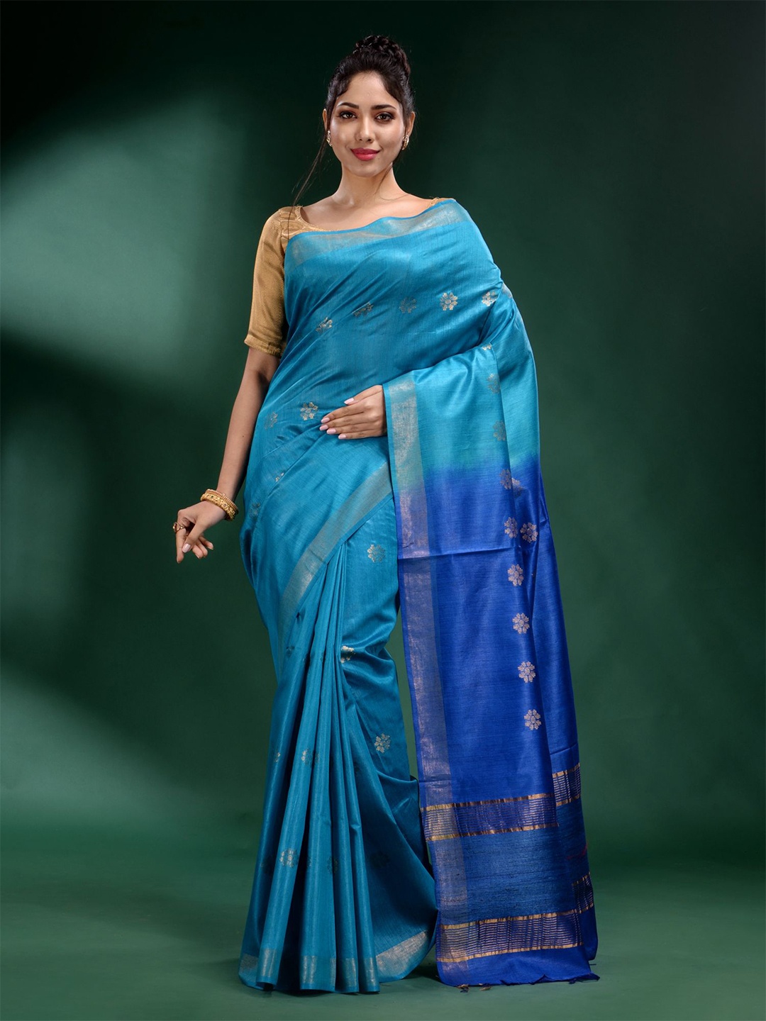

Charukriti Blue And Gold Toned Woven Design Zari Pure Silk Saree