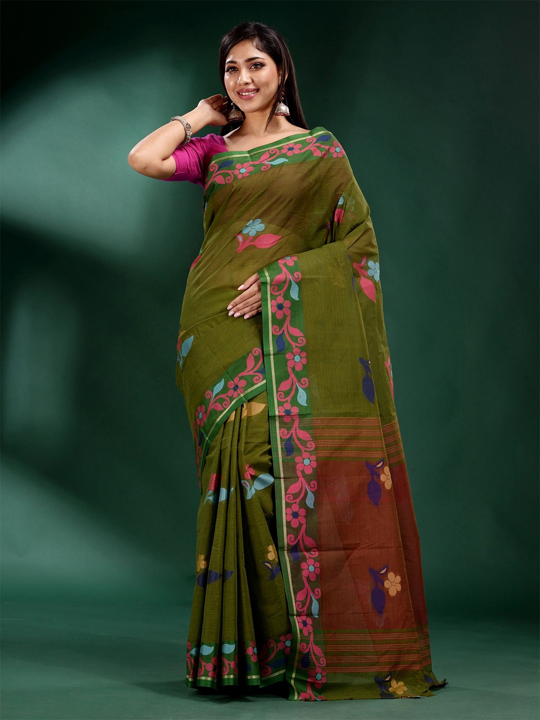 

Charukriti Deep Pink And Green Woven Design Zari Pure Cotton Saree