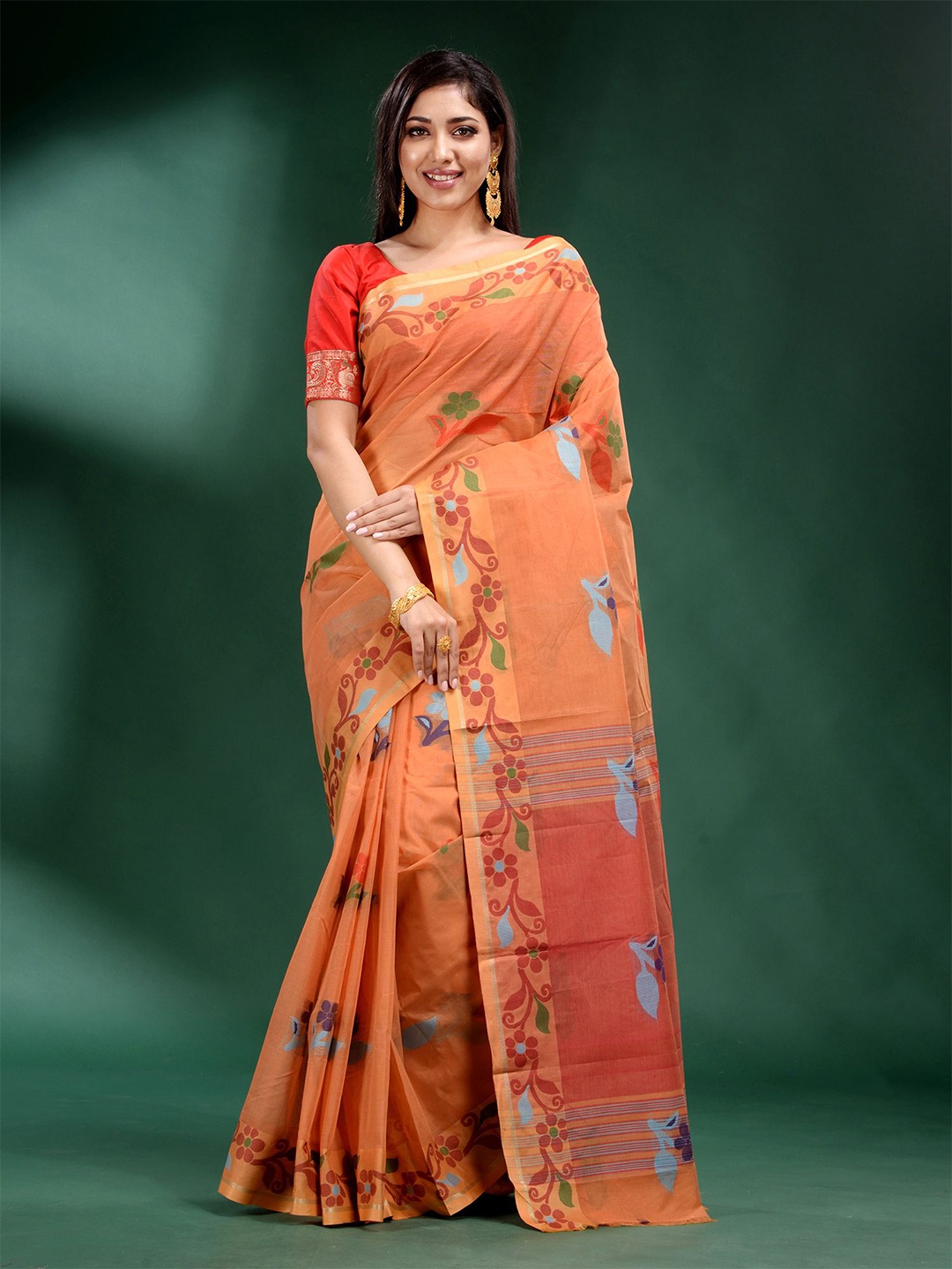 

Charukriti Peach And Blue Woven Design Zari Pure Cotton Saree