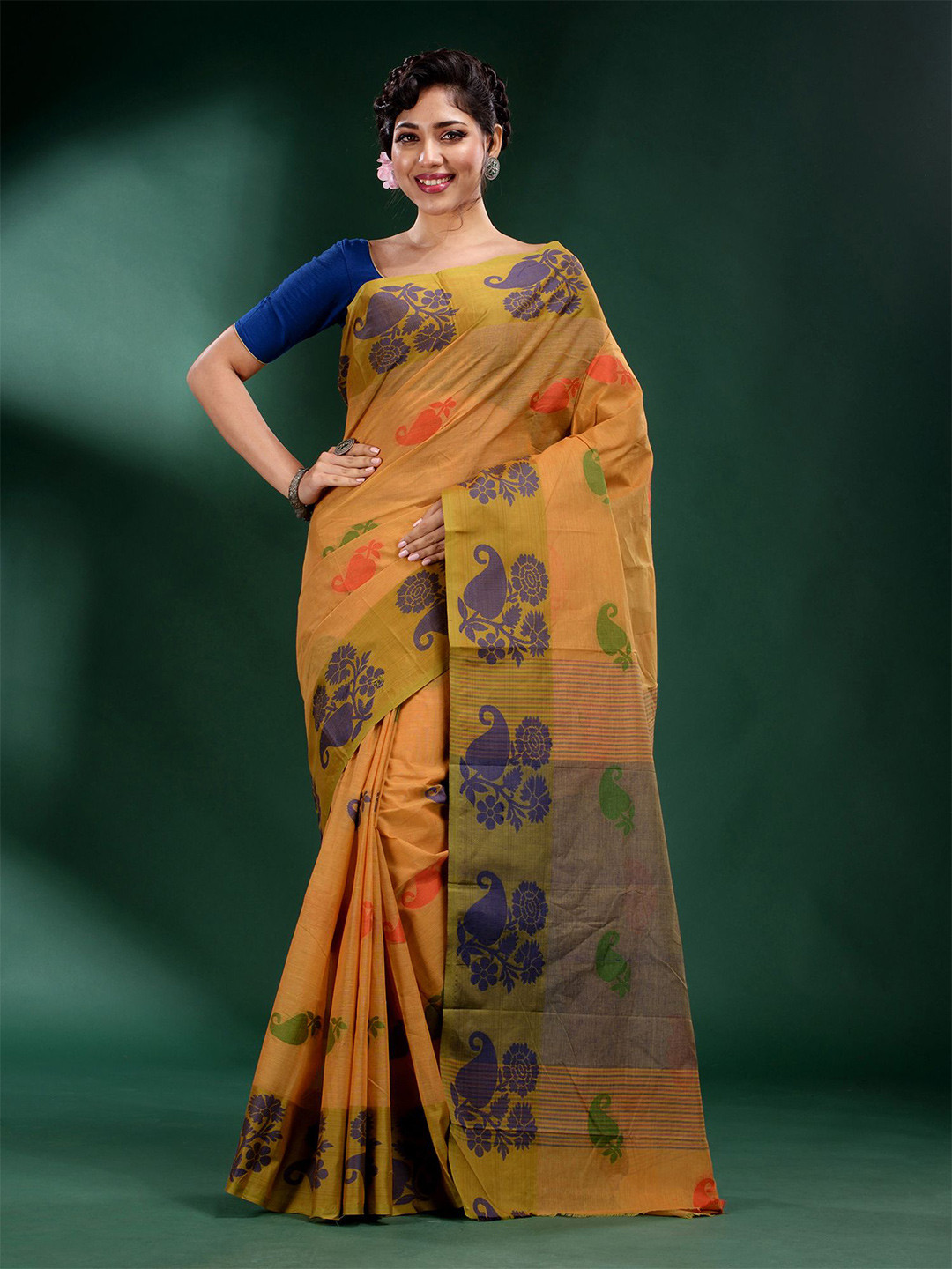 

Charukriti Mustard And Purple Woven Design Pure Cotton Saree