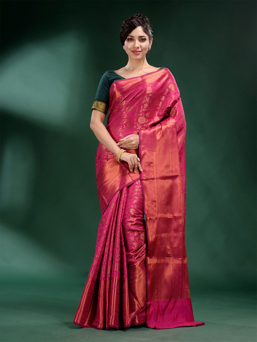 

Charukriti Fuchsia Pink And Gold Toned Woven Design Zari Saree