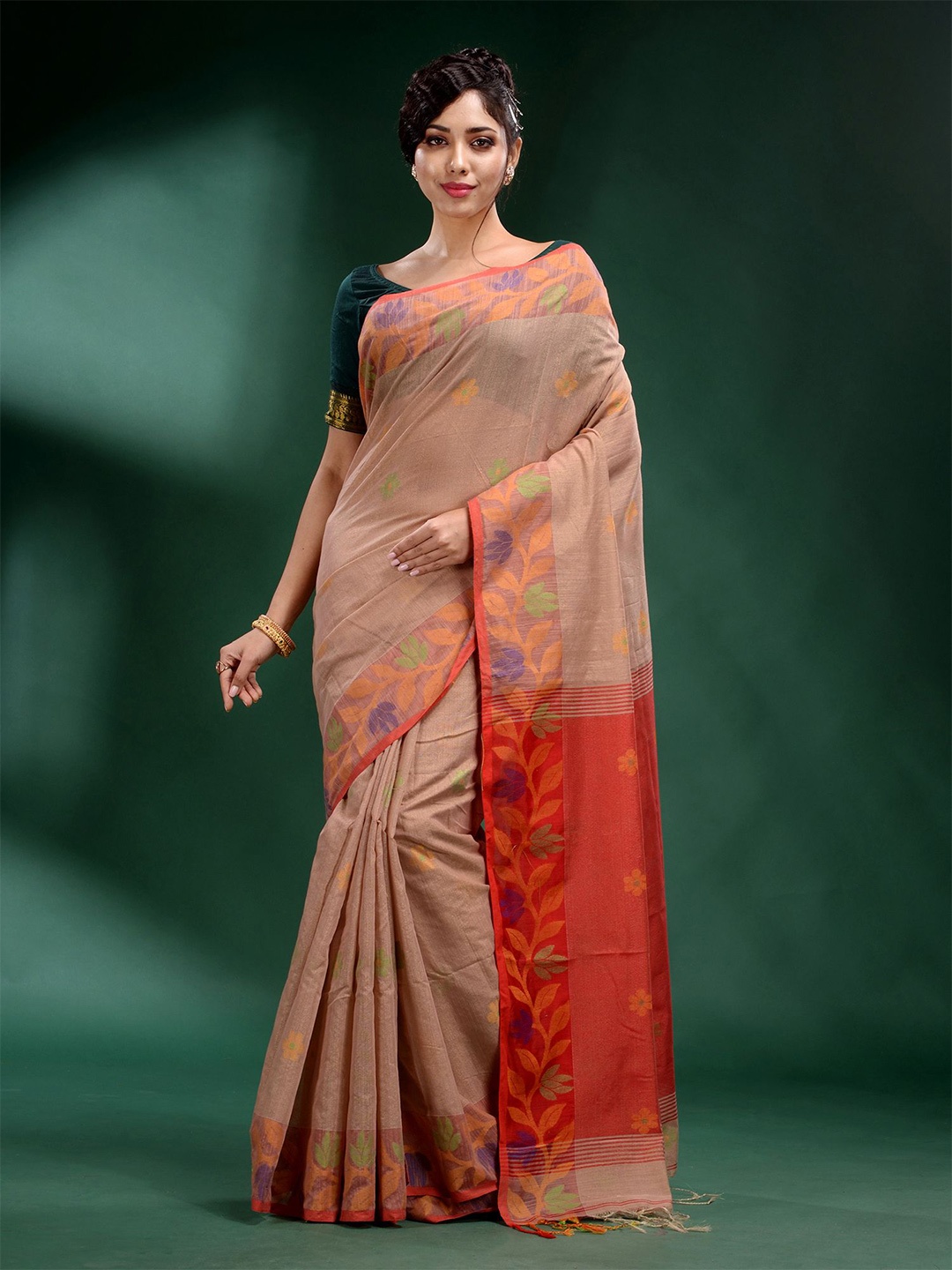 

Charukriti Beige And Red Woven Design Zari Tissue Saree