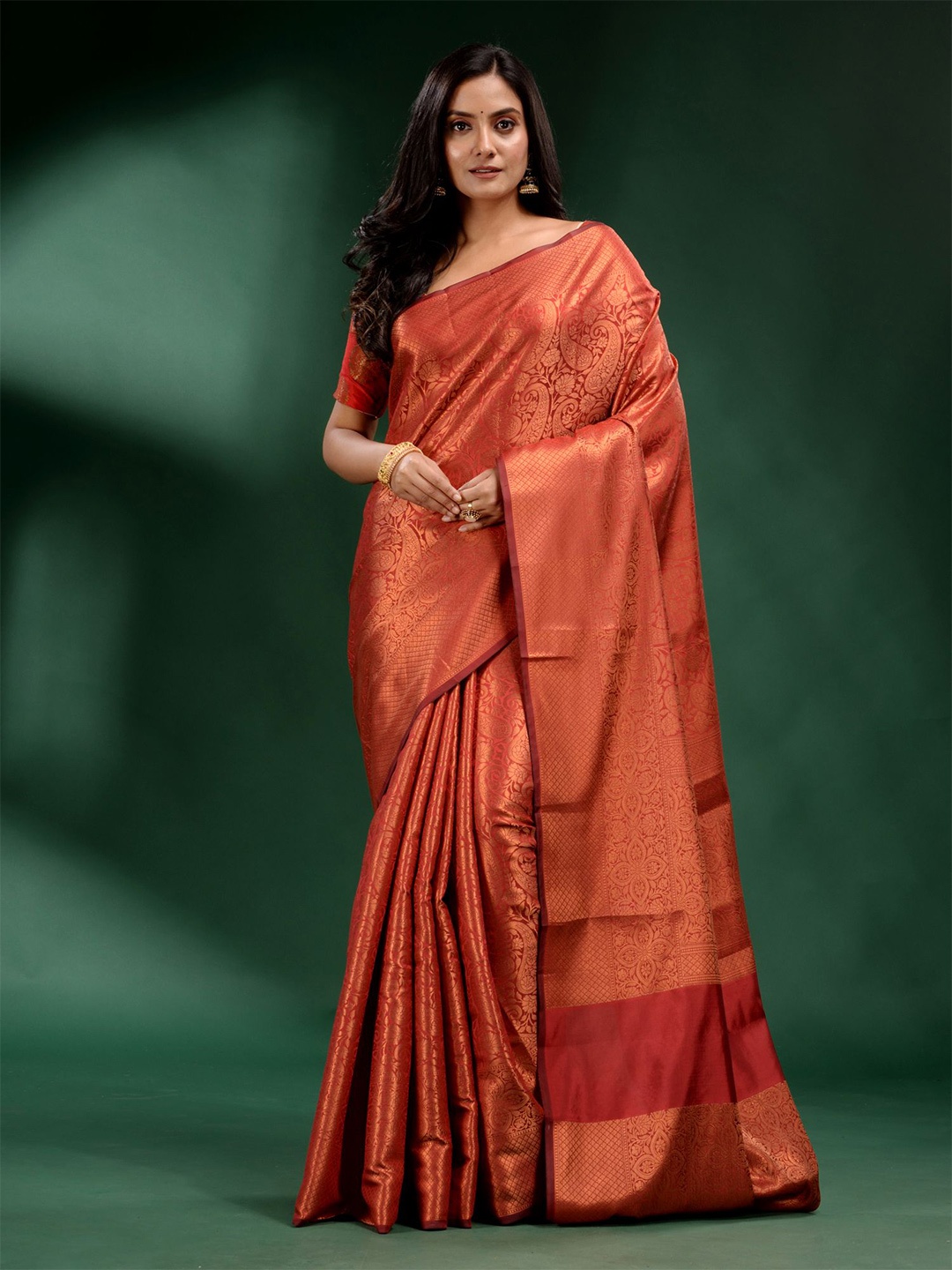 

Charukriti Brick Red And Gold Toned Woven Design Zari Saree