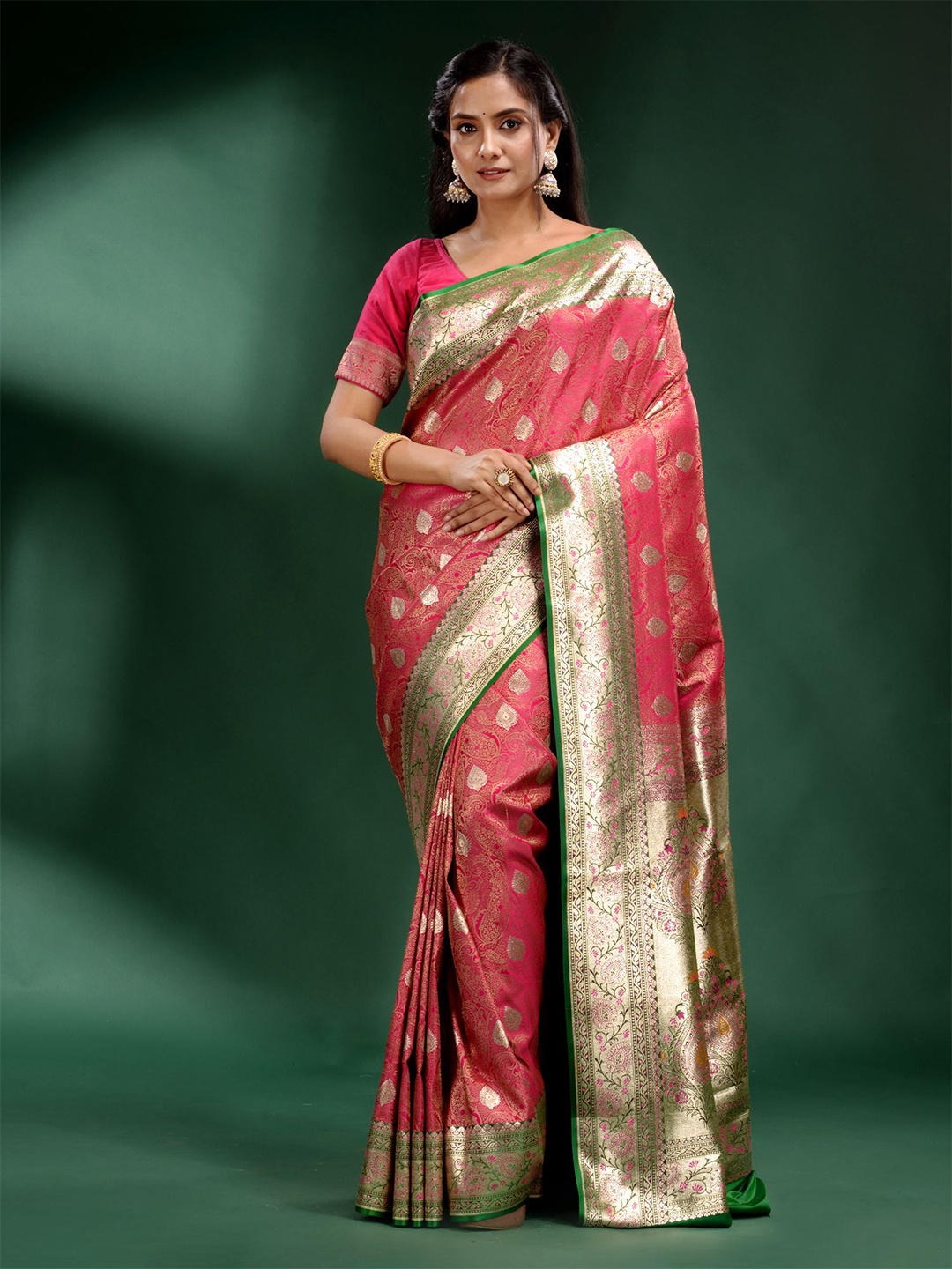 

Charukriti Pink & Green Ethnic Motifs Zari Pure Silk Saree