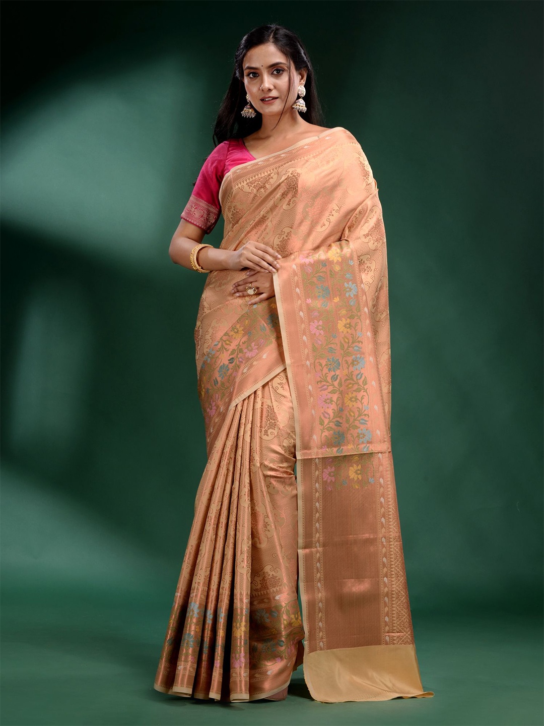 

Charukriti Copper-Toned & Blue Floral Zari Silk Blend Saree