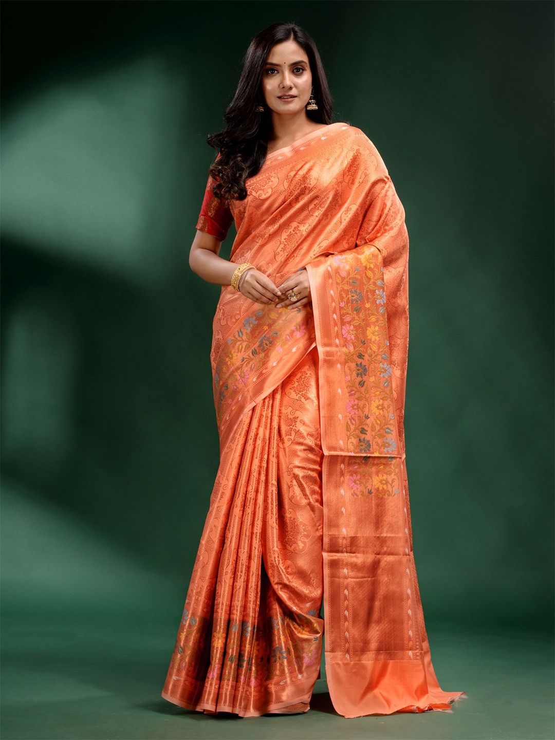 

Charukriti Peach-Coloured & Grey Woven Design Zari Silk Blend Saree