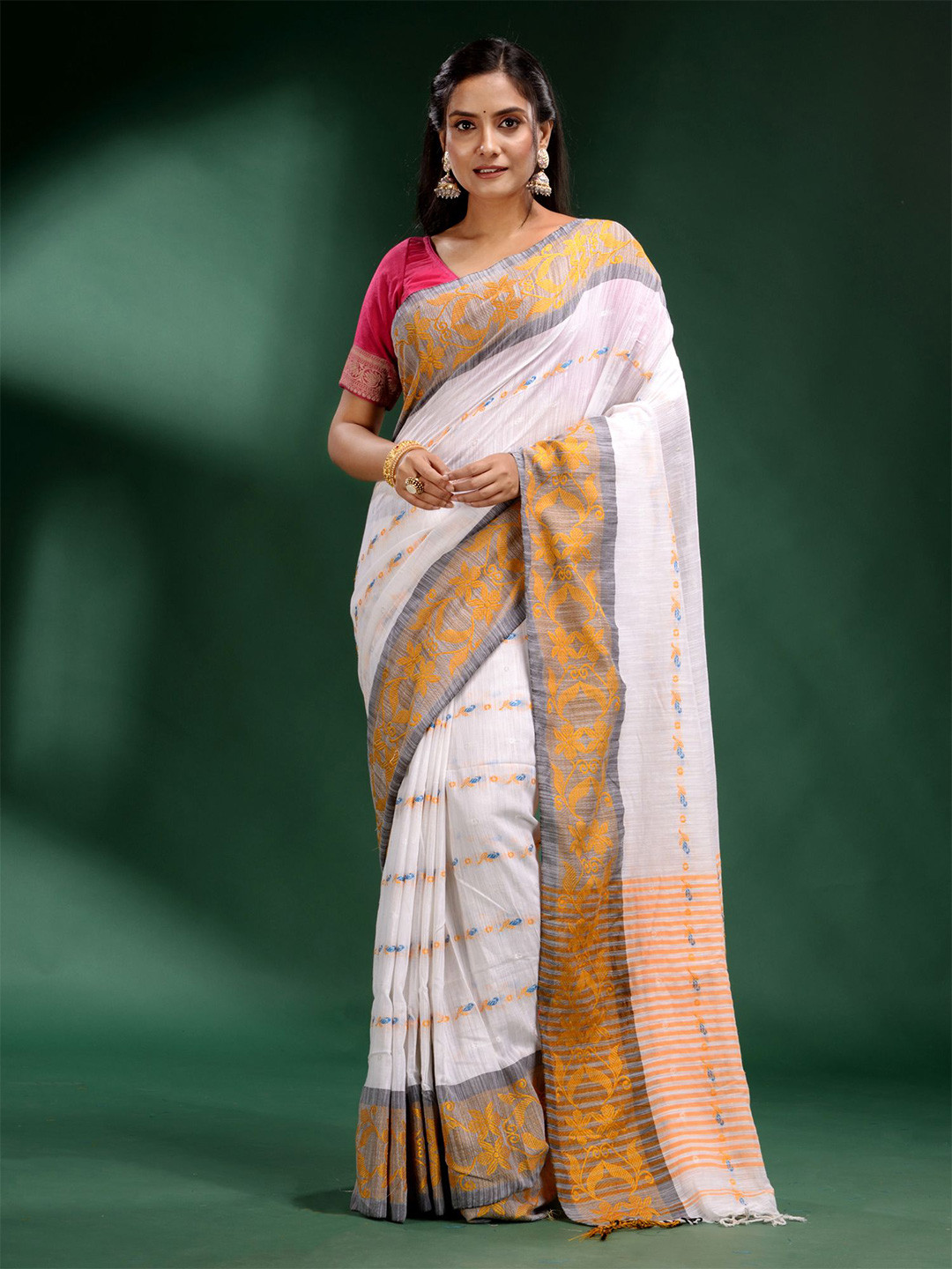

Charukriti White & Grey Floral Pure Cotton Saree