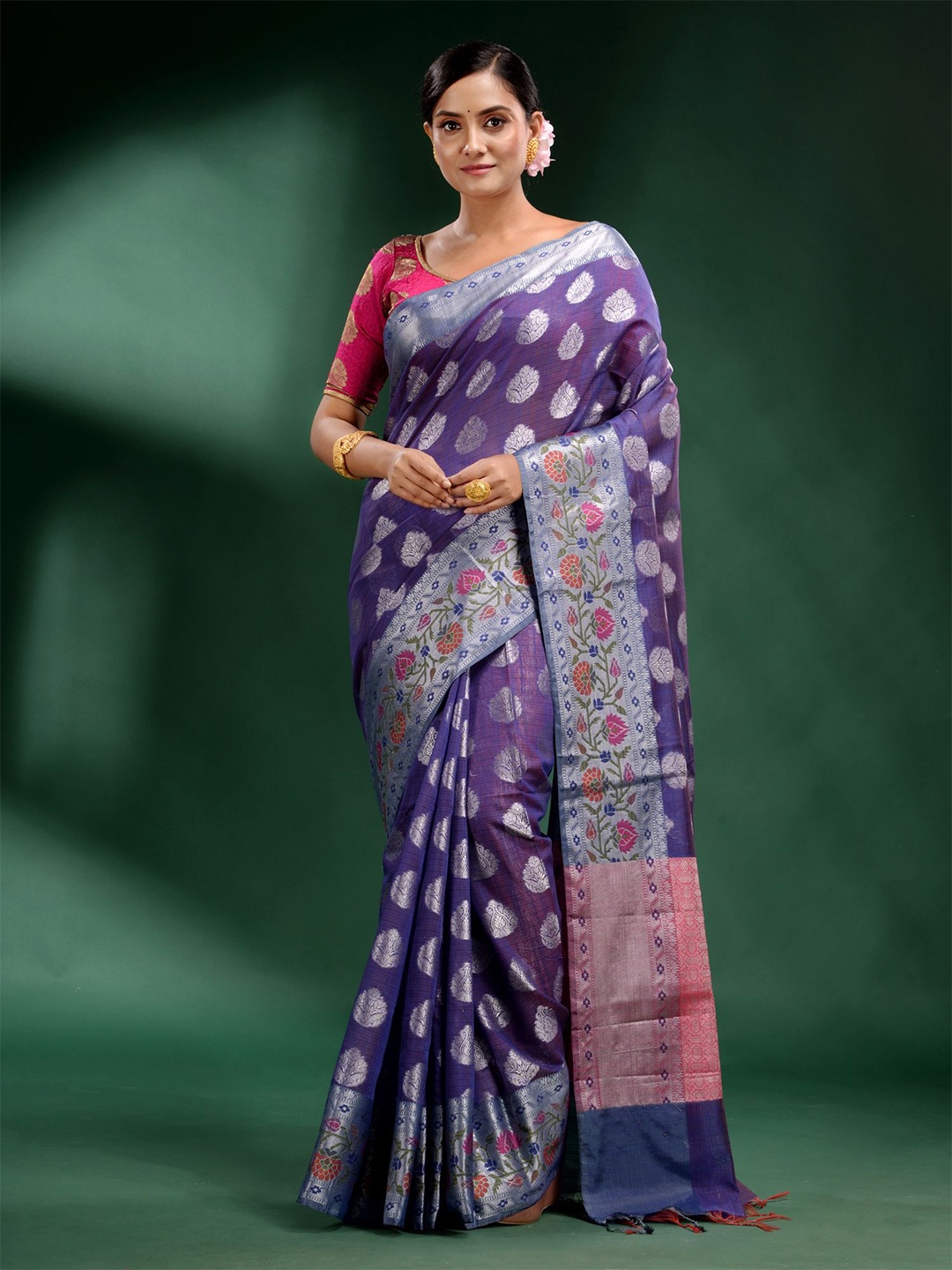 

Charukriti Violet & Orange Ethnic Motifs Zari Silk Blend Saree