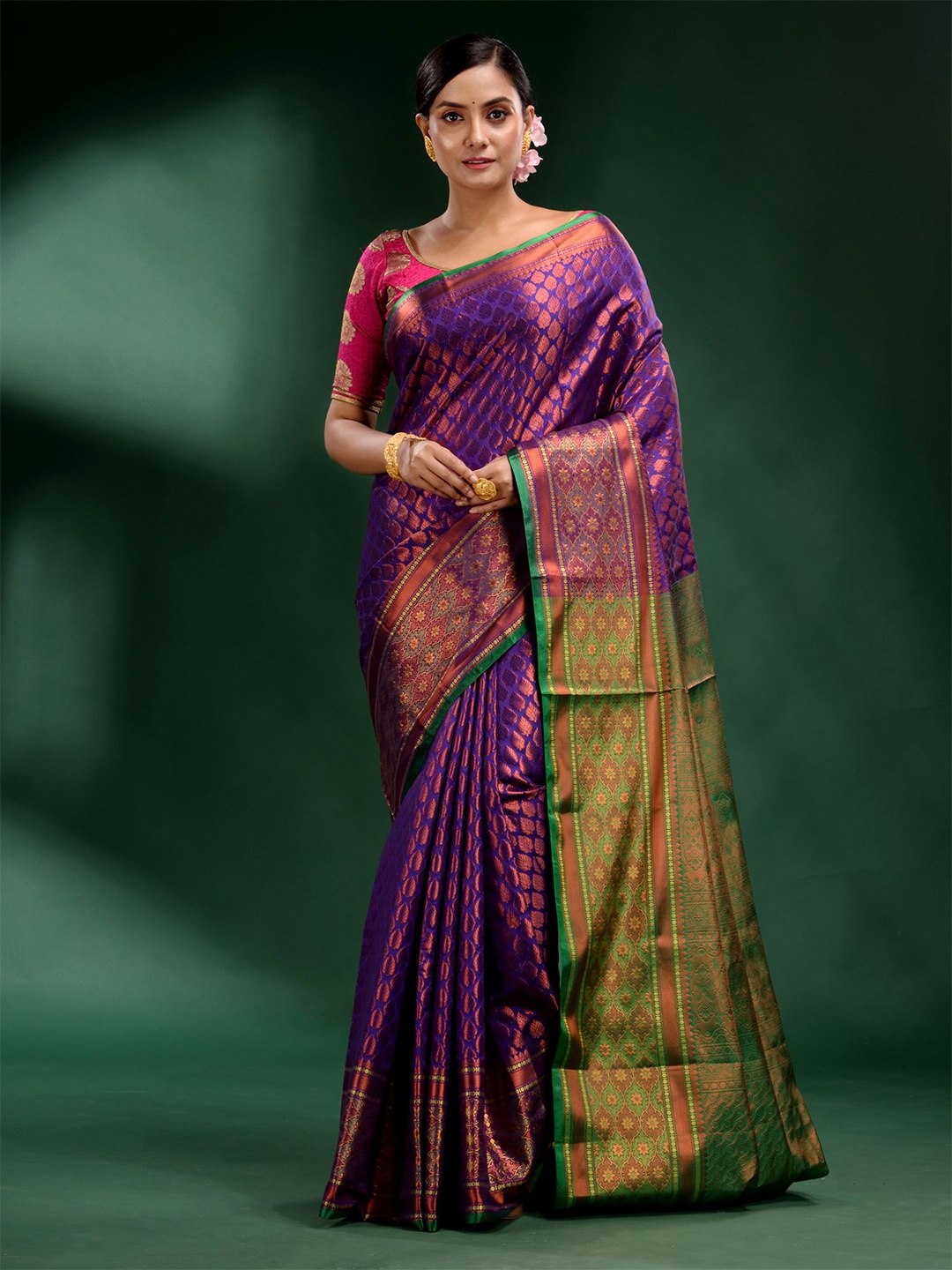

Charukriti Violet & Green Woven Design Zari Silk Blend Saree