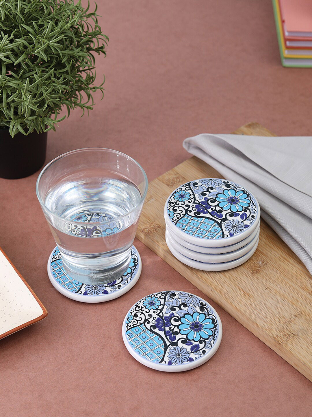 

VarEesha Set of 6 Printed Ceramic Coasters, Blue