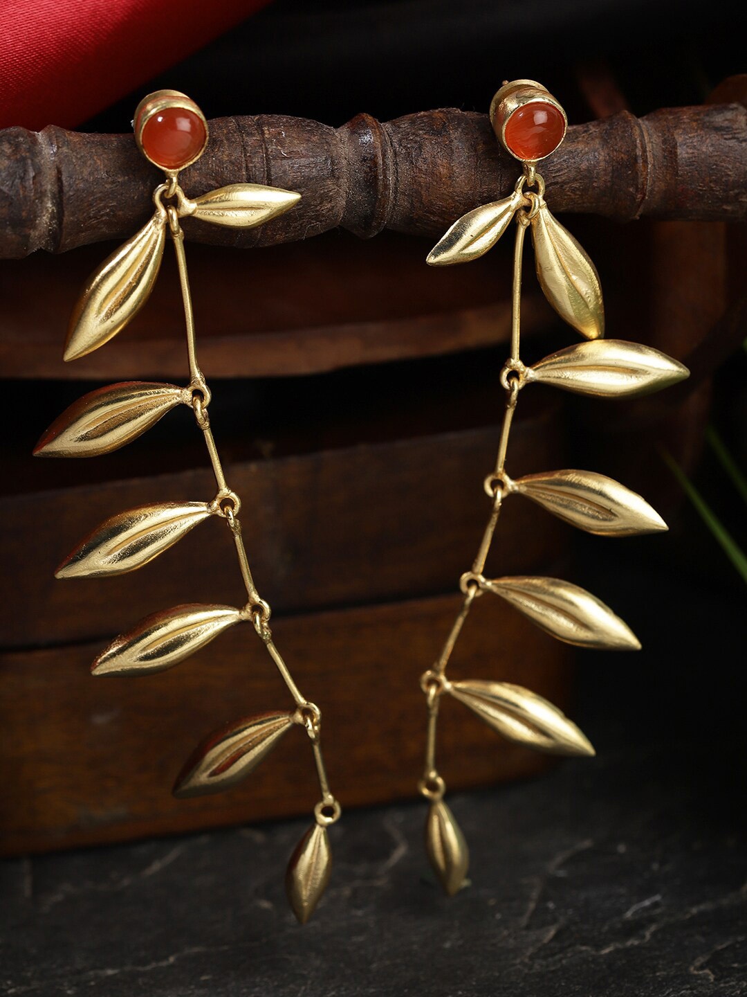 

Berserk Women Gold Plated Carnelian Leaf Shaped Drop Earrings