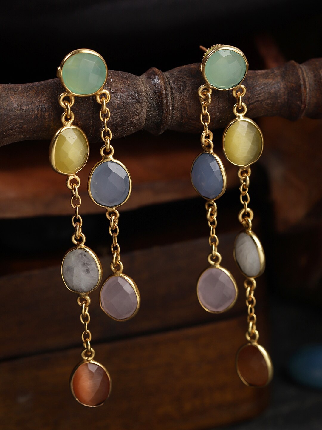 

Berserk Women Yellow & Sea Green Gold Plated Stone Double String Drop Earrings