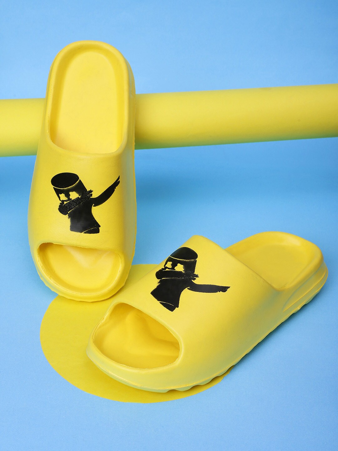 

Pampy Angel Men Printed Rubber Flip Flops Sliders, Yellow