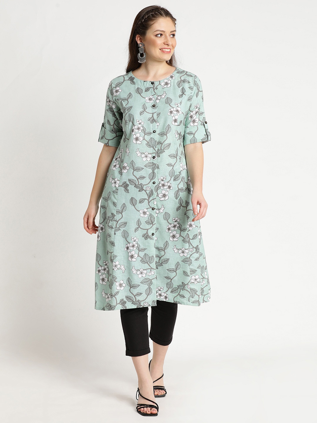 

FLAVIDO Women Green Floral Printed Kurta