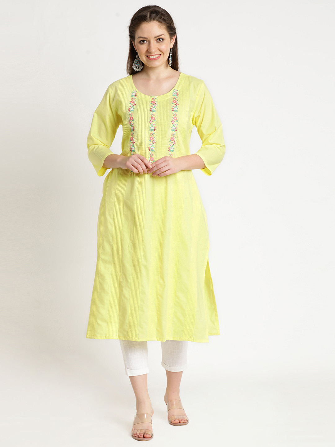 

FLAVIDO Women Yellow Ethnic Motifs Embroidered Thread Work Organic Cotton Kurta