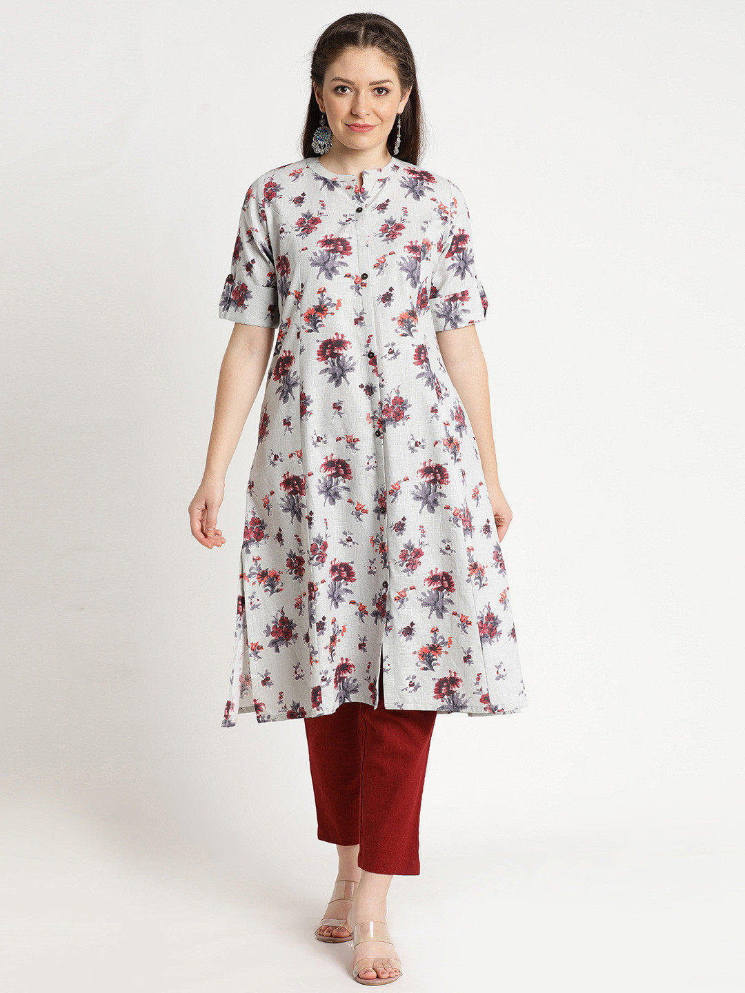 

FLAVIDO Women White & Grey Floral Printed Kurta