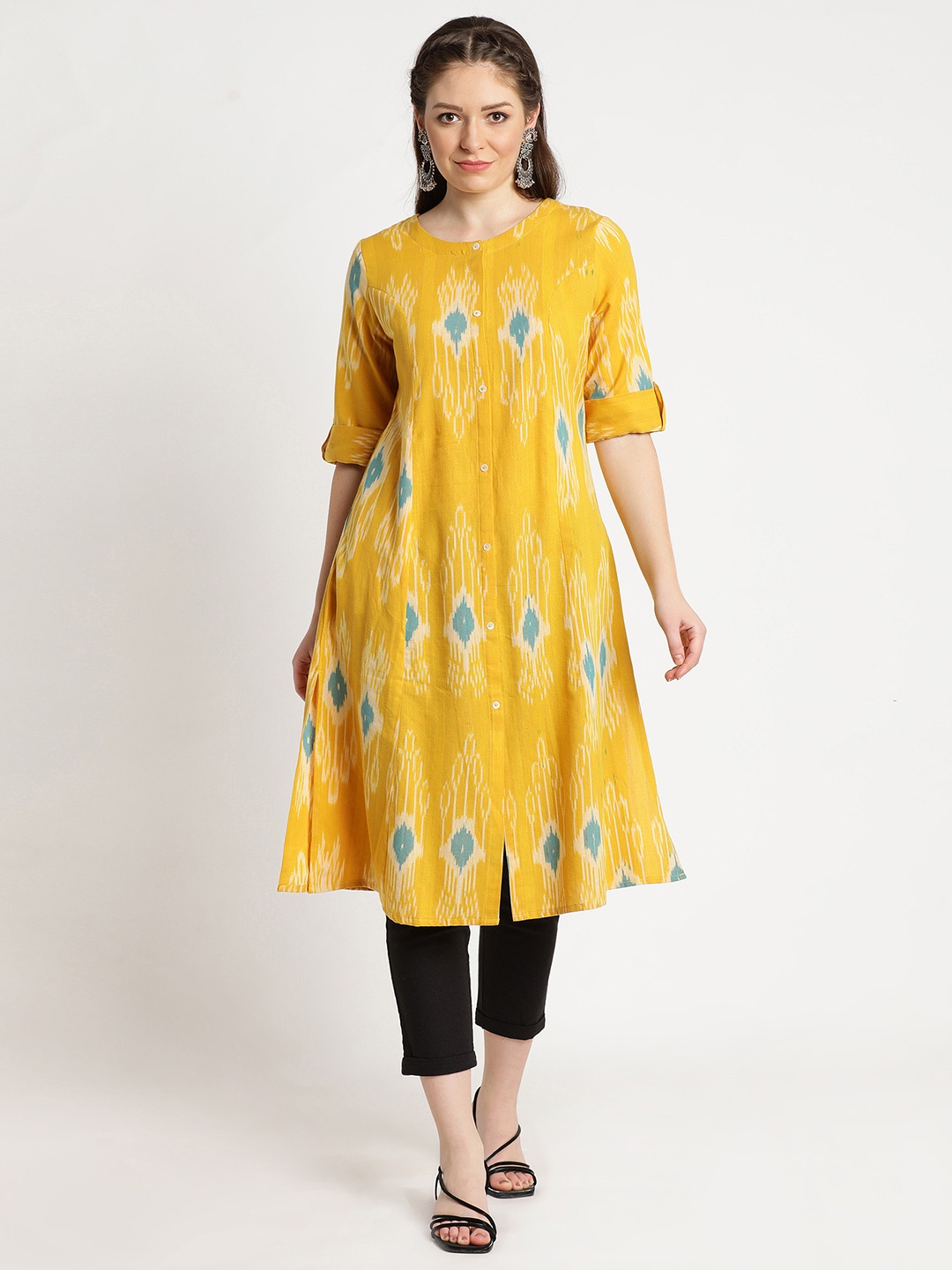 

FLAVIDO Women Yellow Geometric Printed Organic Cotton Kurta