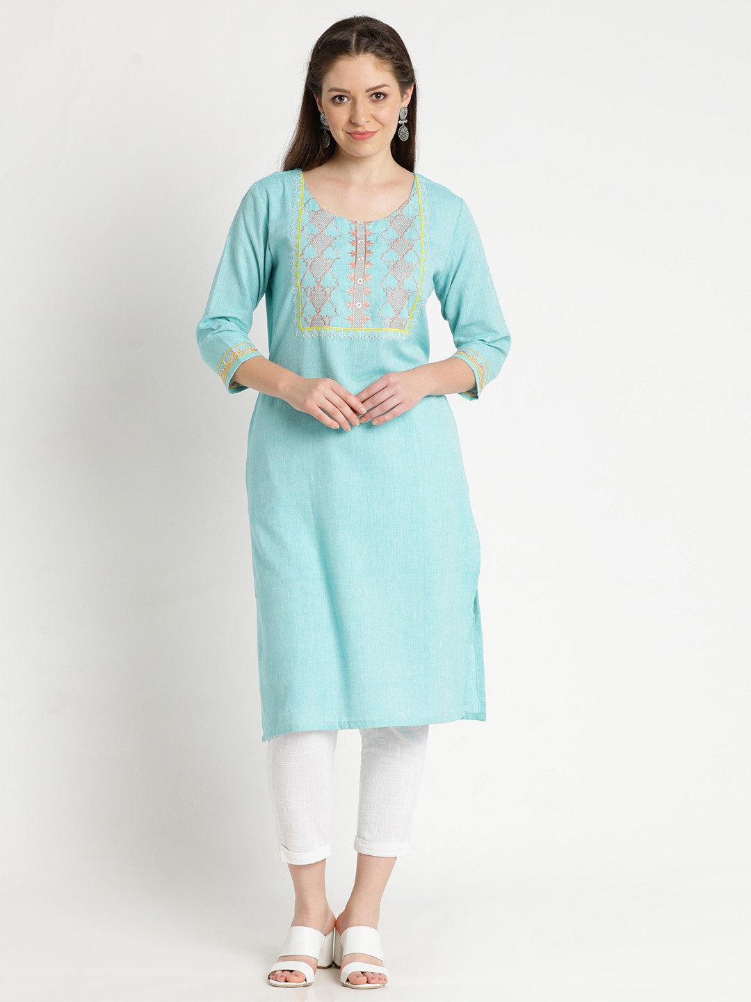 

FLAVIDO Women Blue Yoke Design Thread Work Kurta
