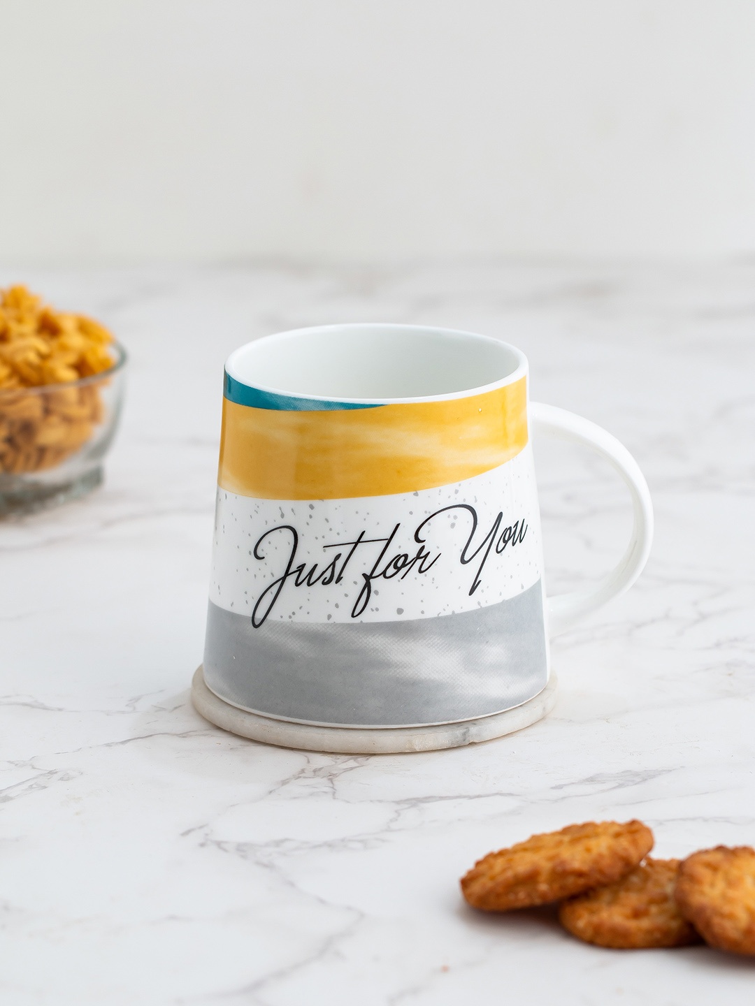 

JCPL Fine Ceramic White & Yellow 2 Pieces Printed Glossy Mugs 440 Ml Each