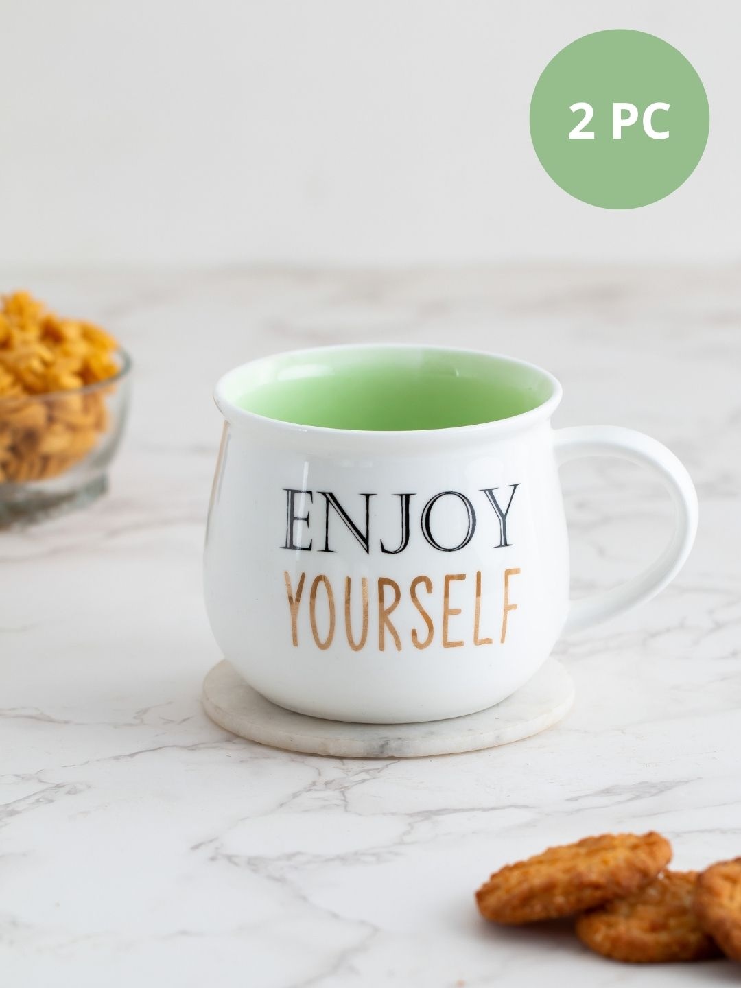 

JCPL White & Green Set Of 2 Printed Ceramic Glossy Mugs 470 ML Each
