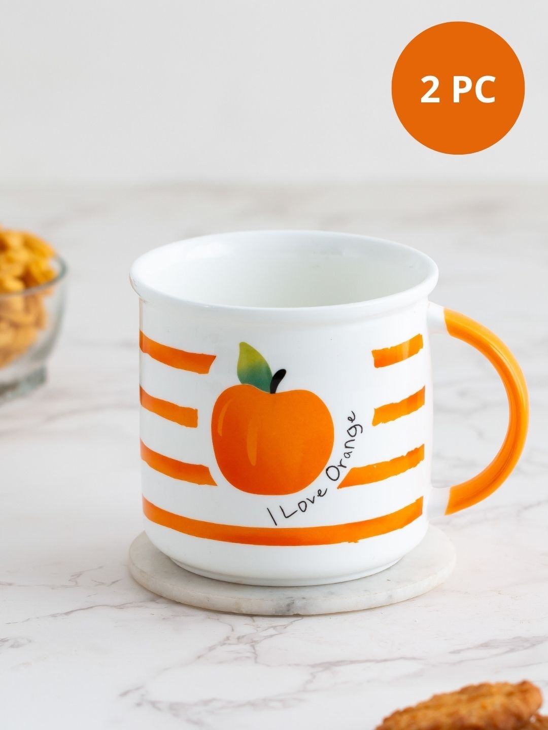 

JCPL Fine Ceramic White & Orange 2 Pieces Printed Glossy Mugs 440 Ml Each