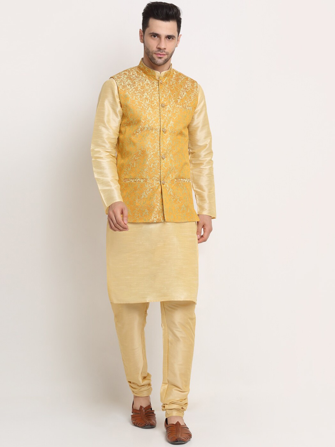 

KRAFT INDIA Dupion Silk Kurta With Churidar & Nehru Jacket, Beige