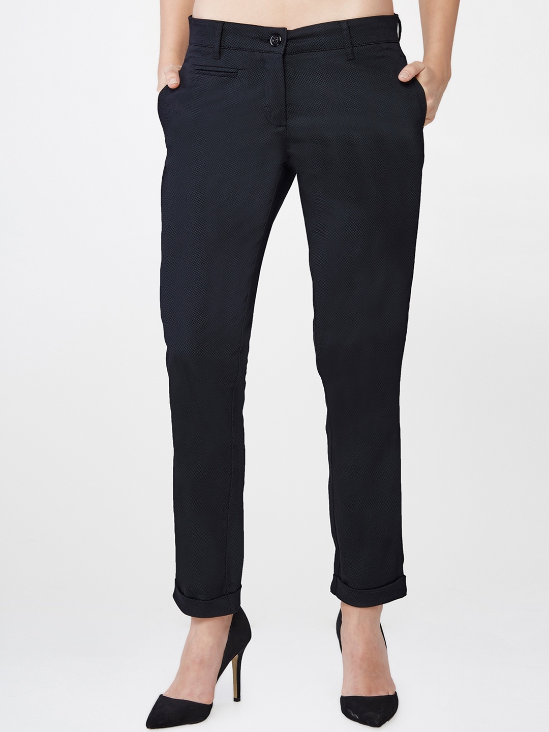 

AND Women Navy Regular Fit Printed Formal Trousers, Navy blue