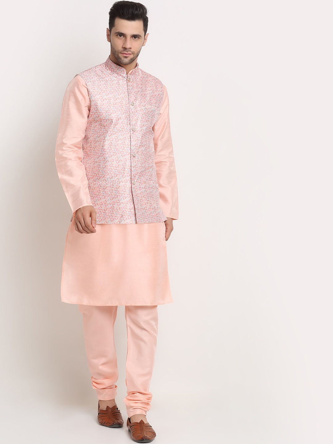 

KRAFT INDIA Men Kurta With Churidar & Nehru jacket, Peach