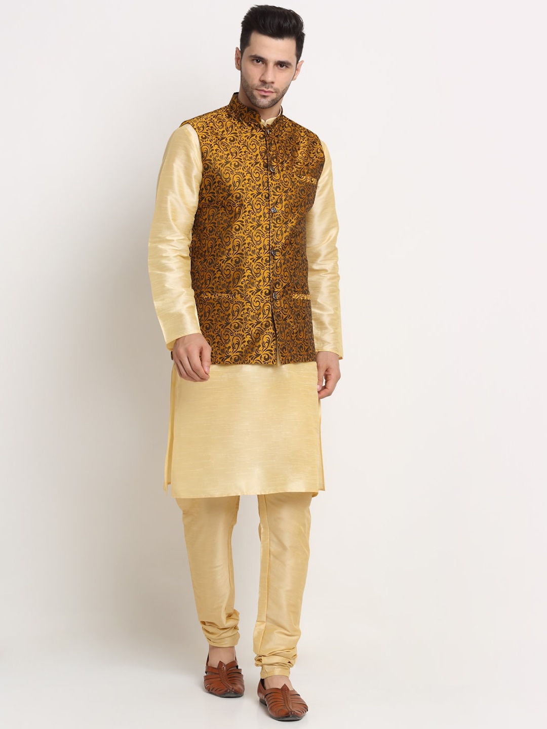 

KRAFT INDIA Kurta with Churidar & Jacquard Nehru Jacket, Yellow