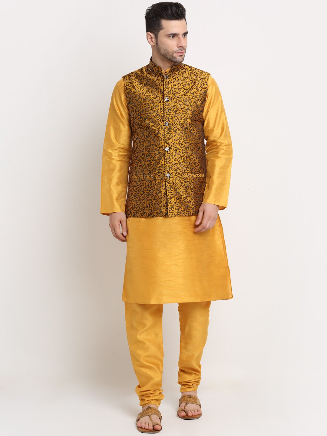 

KRAFT INDIA Men Kurta with Churidar & Nehru Jacket, Mustard