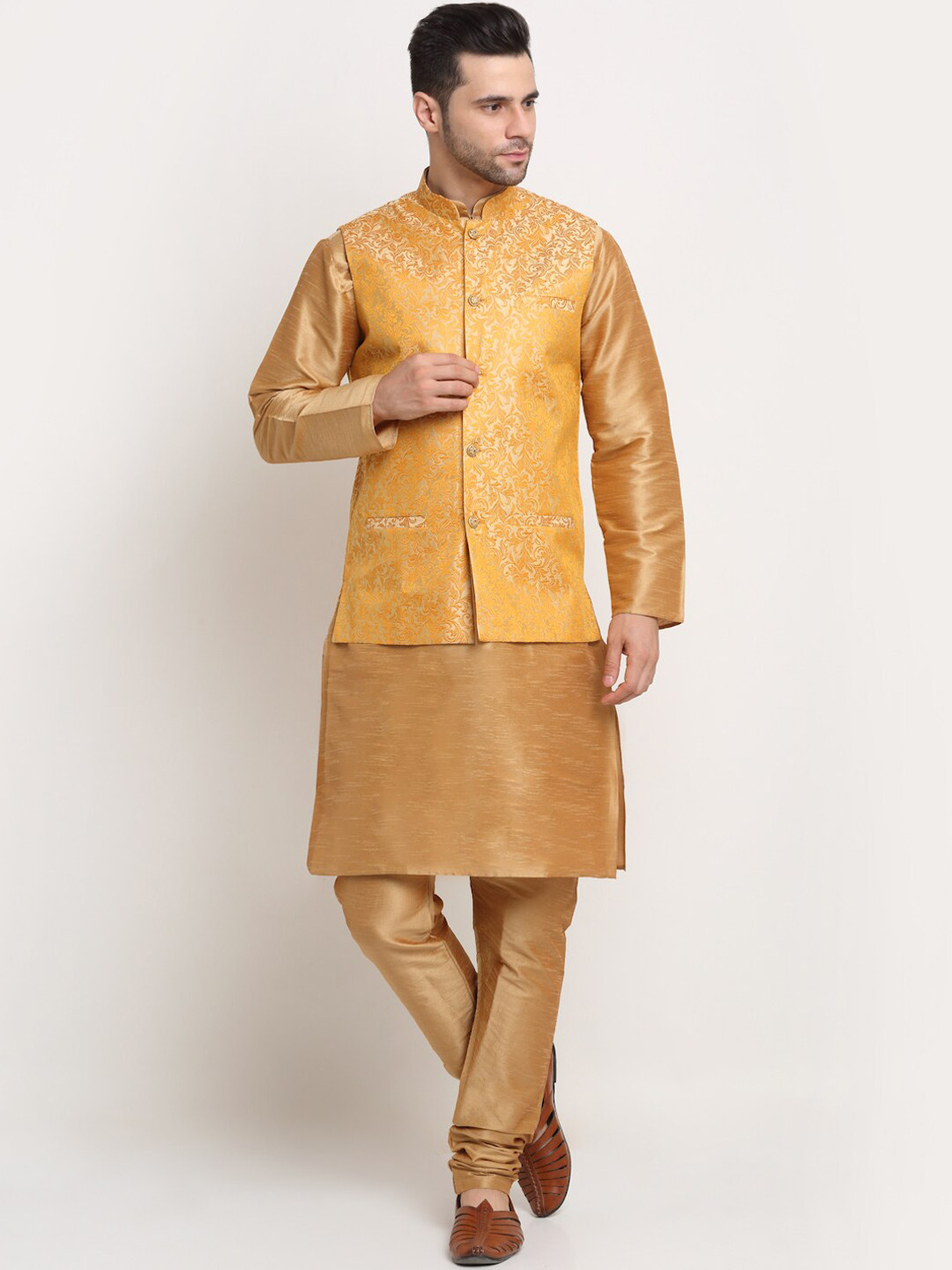

KRAFT INDIA Men Golden Kurta & Churidar with Beige Nehru Jacket, Gold