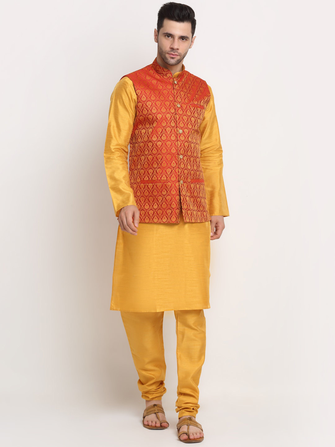 

KRAFT INDIA Men Mustard Kurta and Churidar with Nehru Jacket