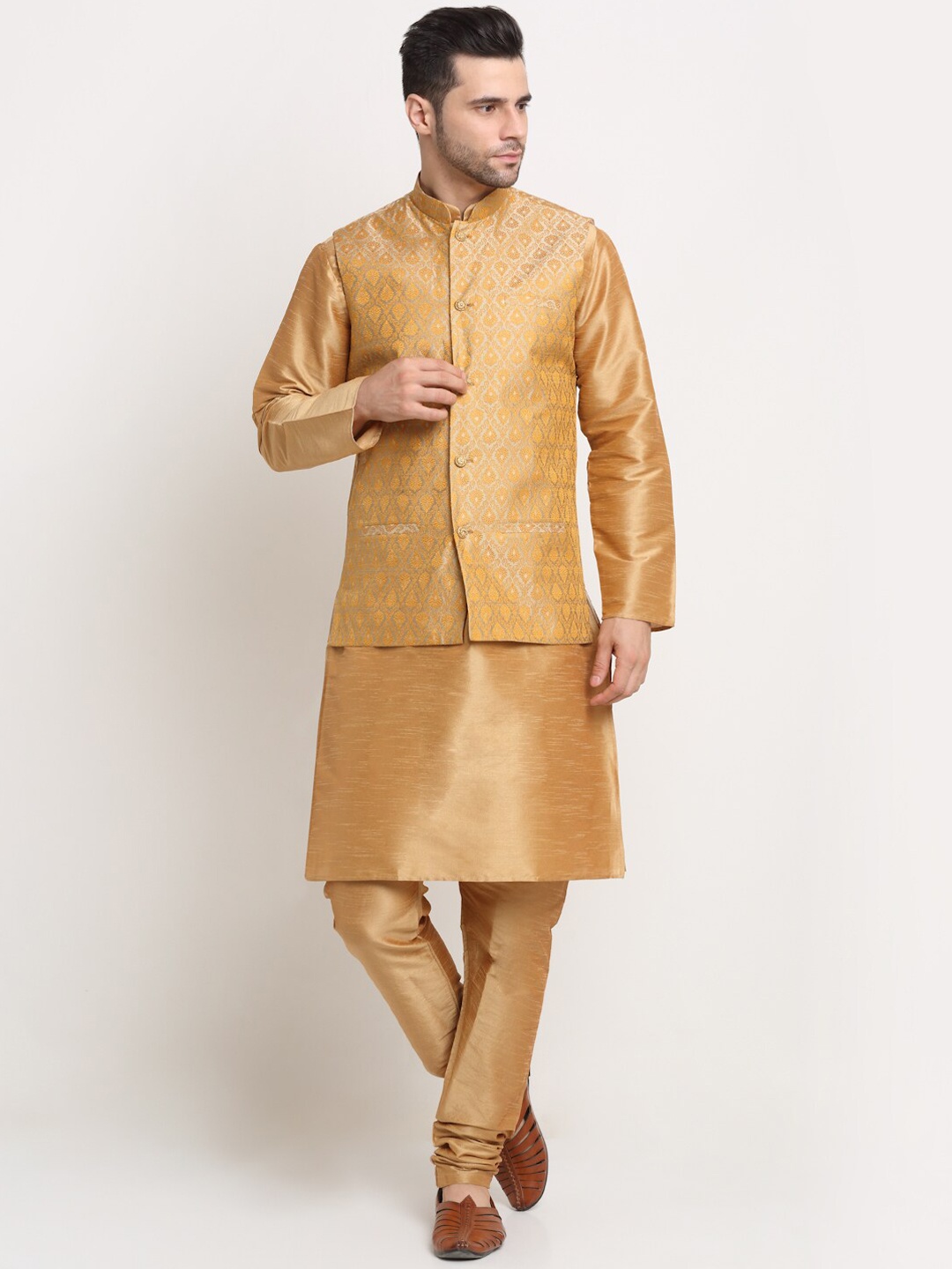 

KRAFT INDIA Kurta with Churidar & Jacquard Nehru Jacket, Gold