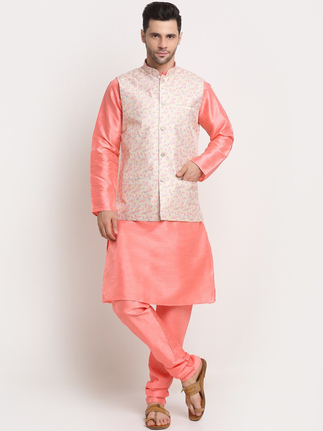 

KRAFT INDIA Men Kurta and Churidar with Nehru jacket, Pink