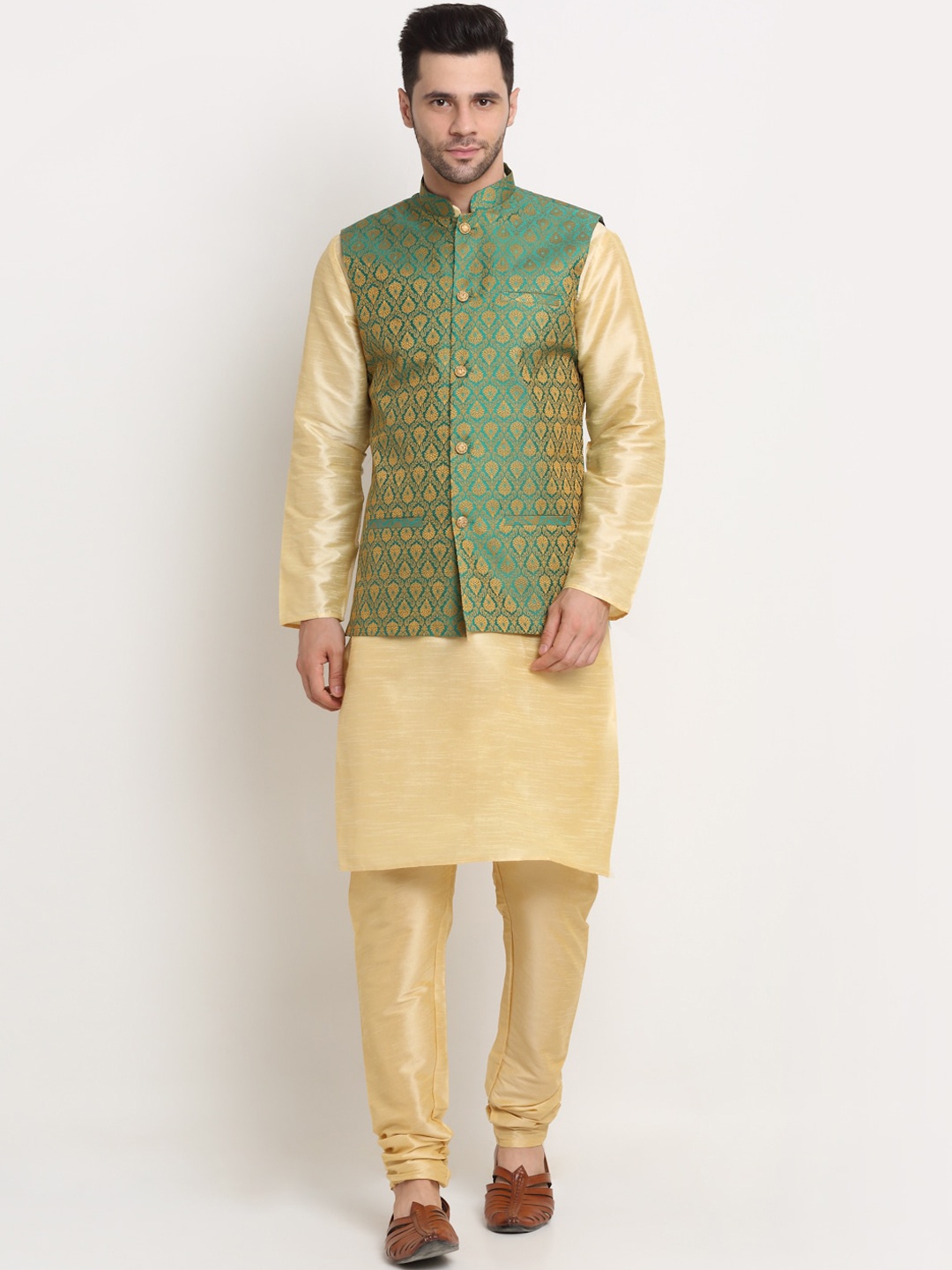 

KRAFT INDIA Men Paisley Kurta & Churidar With Nehru Jacket, Beige