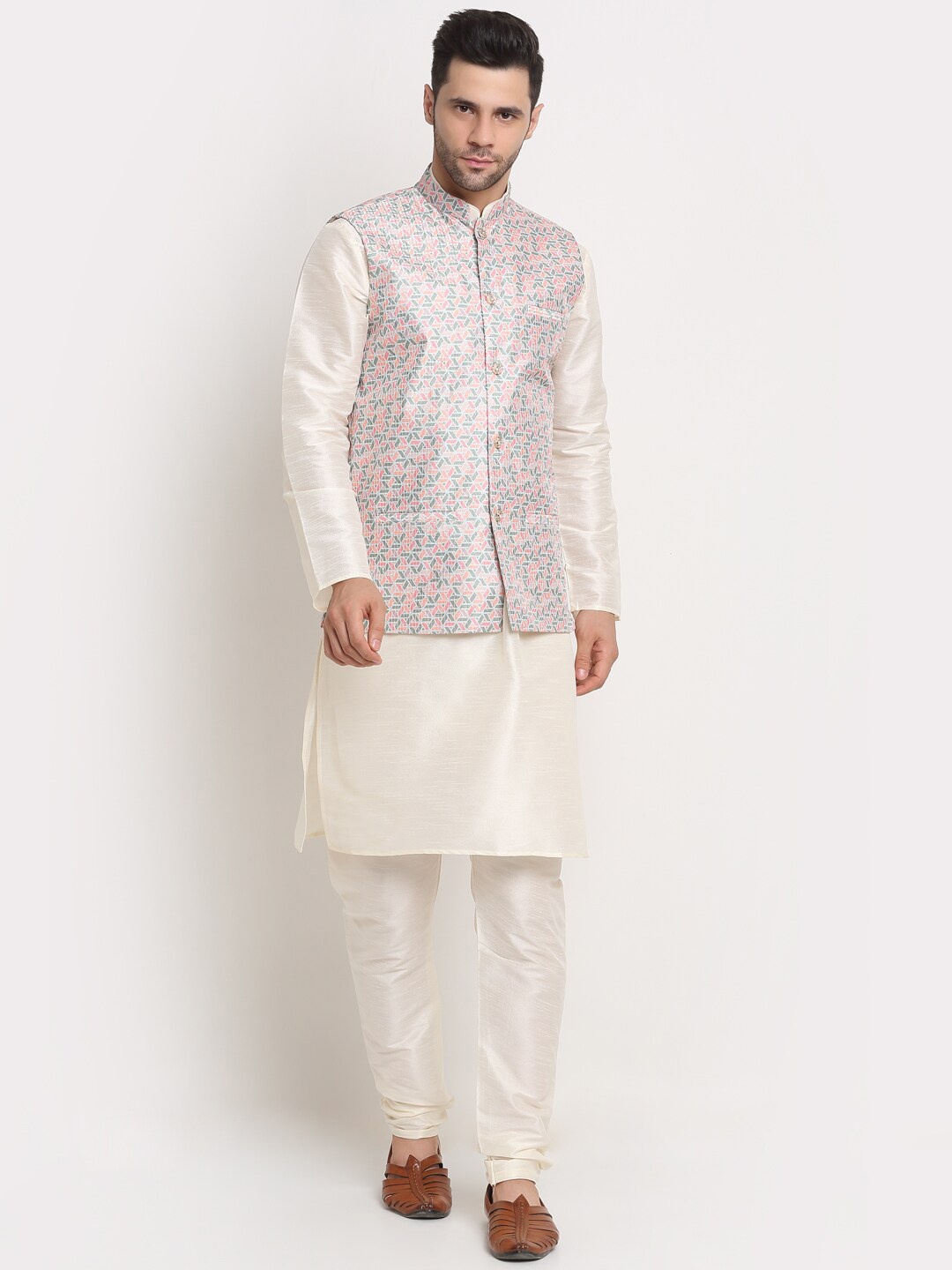 

KRAFT INDIA Kurta with Churidar & Printed Nehru Jacket, Off white