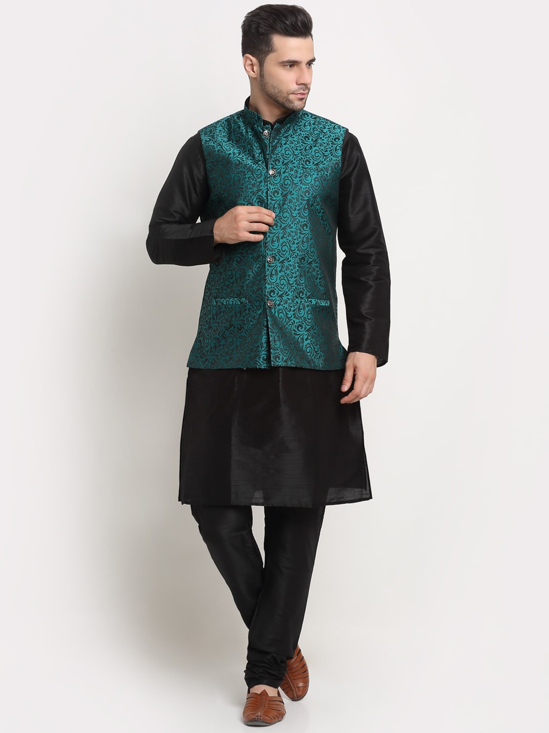 

KRAFT INDIA Kurta with Churidar & Jacquard Nehru Jacket, Black