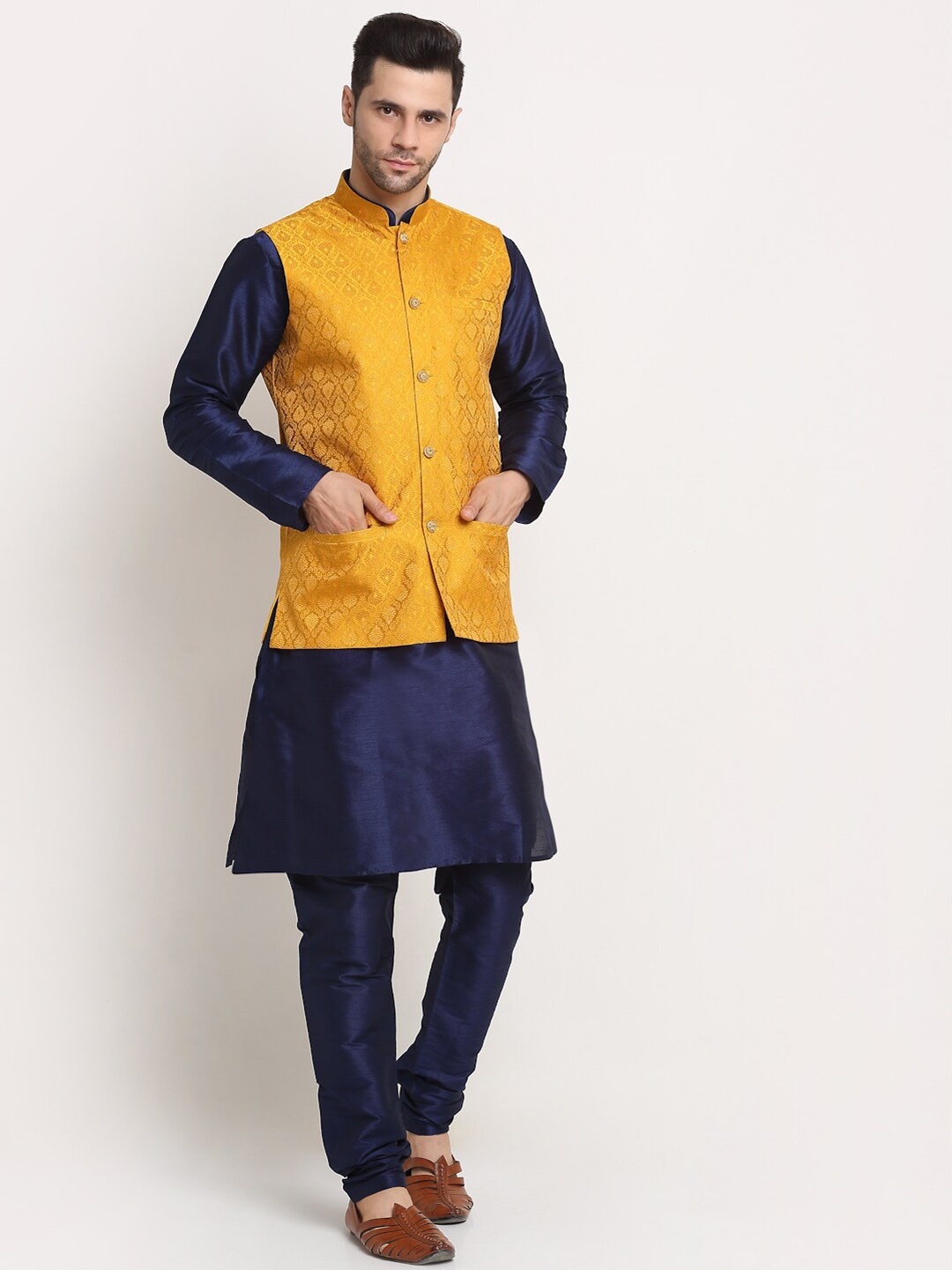 

KRAFT INDIA Dupion Silk Kurta With Churidar & Nehru Jacket, Navy blue