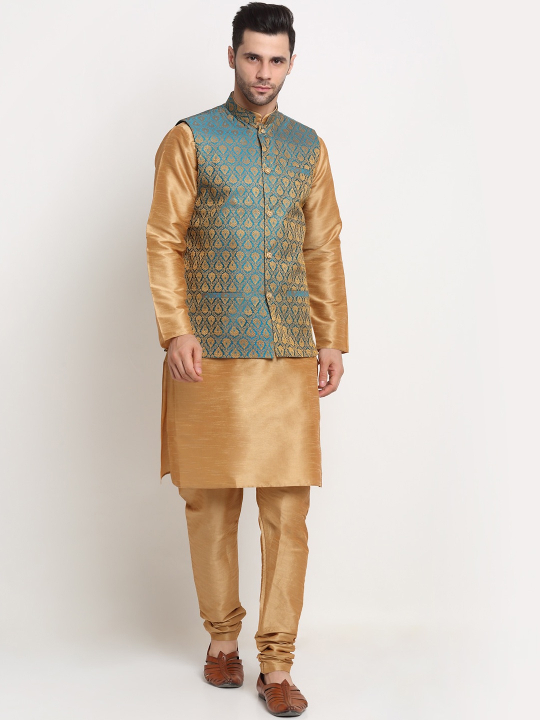 

KRAFT INDIA Dupion Silk Kurta With Churidar & Nehru Jacket, Gold