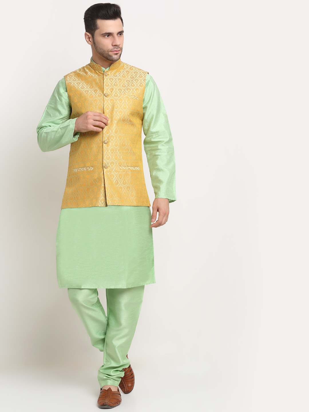 

KRAFT INDIA Dupion Silk Kurta With Churidar & Nehru Jacket, Sea green