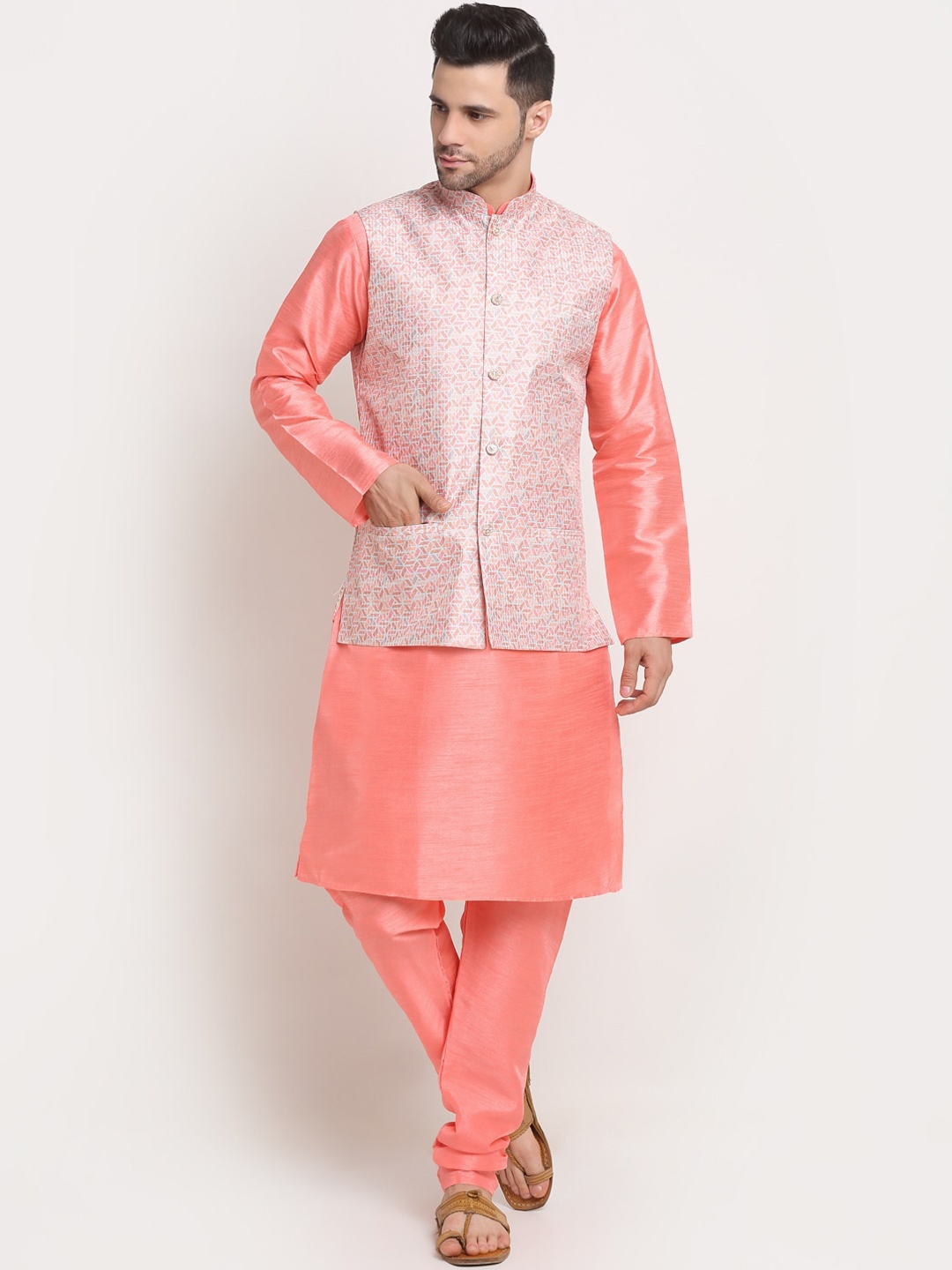 

KRAFT INDIA Kurta with Churidar & Printed Nehru Jacket, Pink