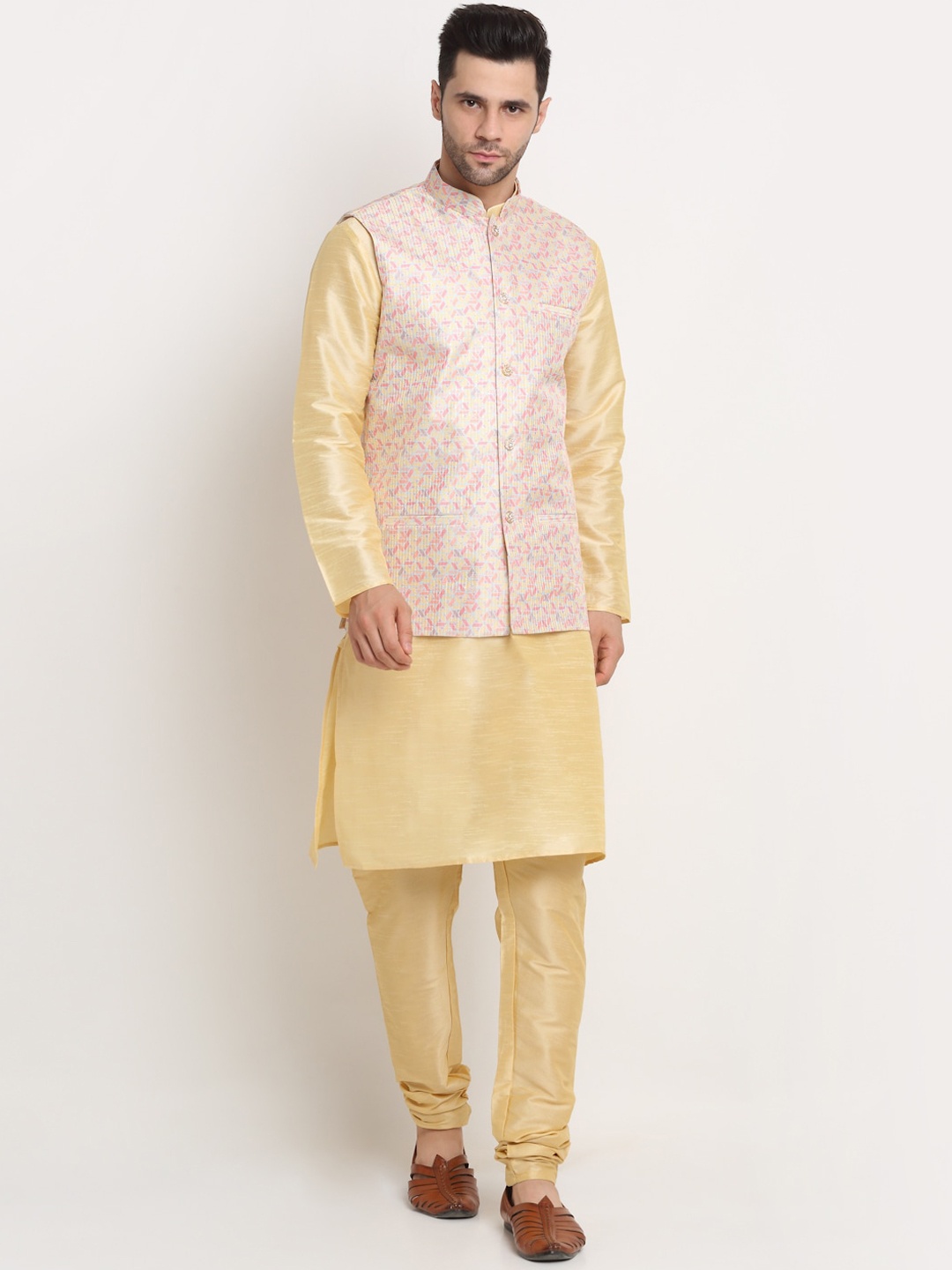 

KRAFT INDIA Dupion Silk Kurta With Churidar & Nehru Jacket, Beige