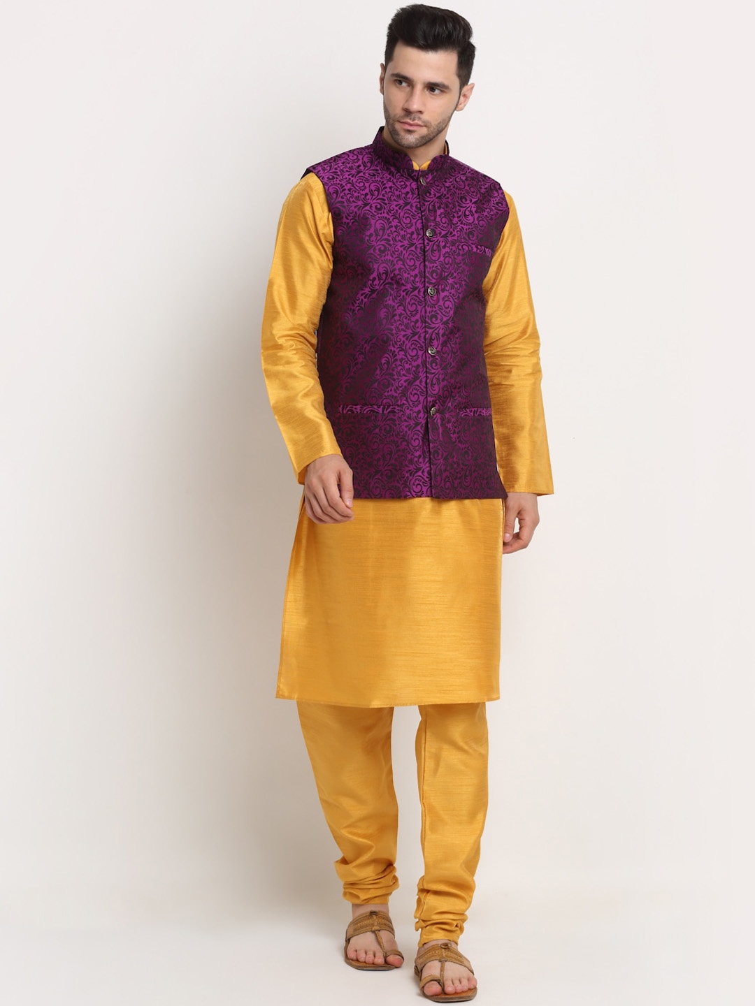 

KRAFT INDIA Men Mustard Yellow Kurta with Churidar & Nehru Jacket