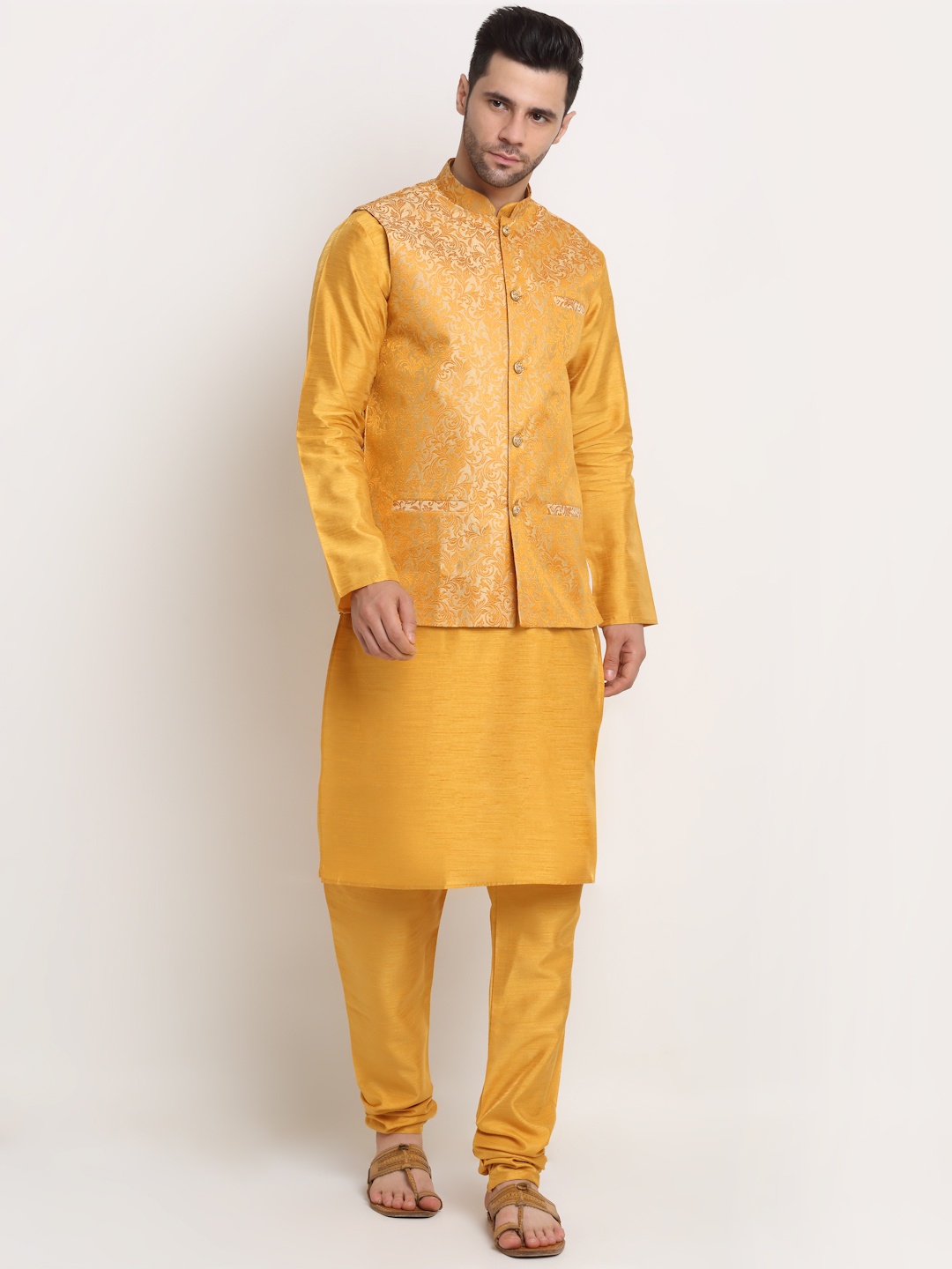 

KRAFT INDIA Men Kurta With Churidar & Nehru jacket, Mustard