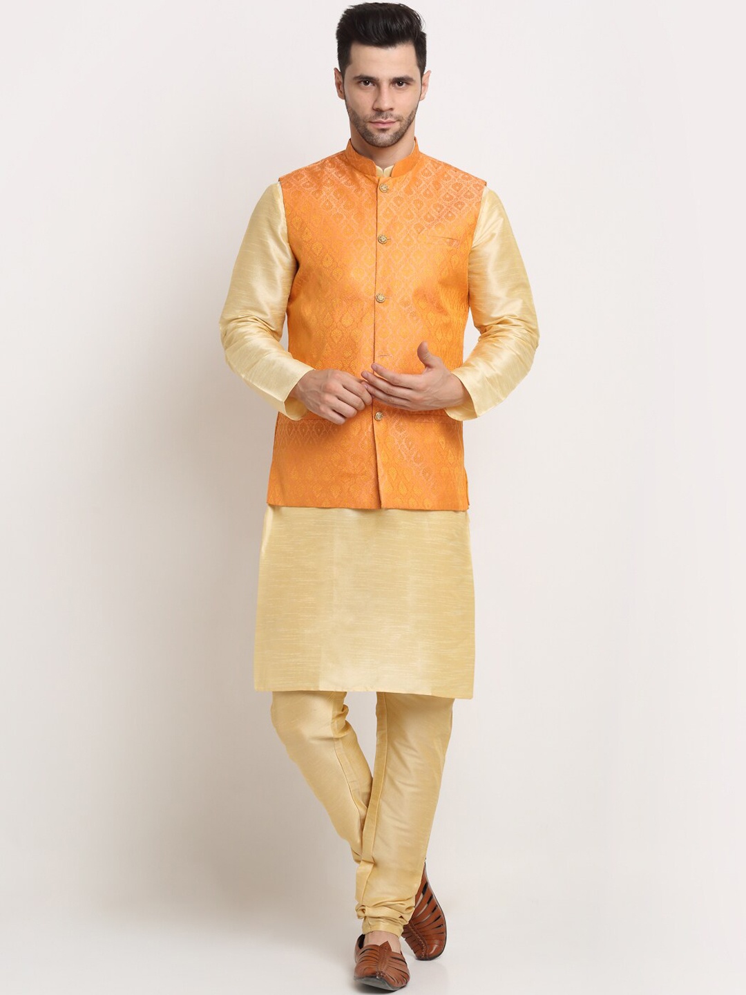 

KRAFT INDIA Kurta with Churidar & Jacquard Nehru Jacket, Beige