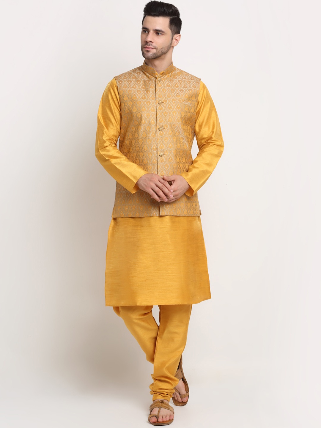 

KRAFT INDIA Kurta with Churidar & Jacquard Nehru Jacket, Mustard