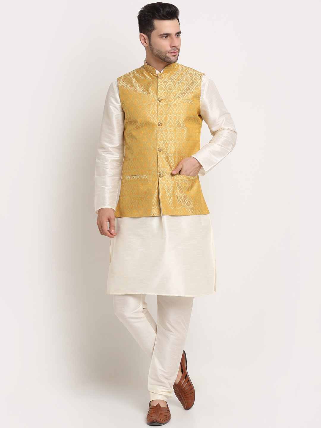 

KRAFT INDIA Dupion Silk Kurta With Churidar & Nehru Jacket, Cream