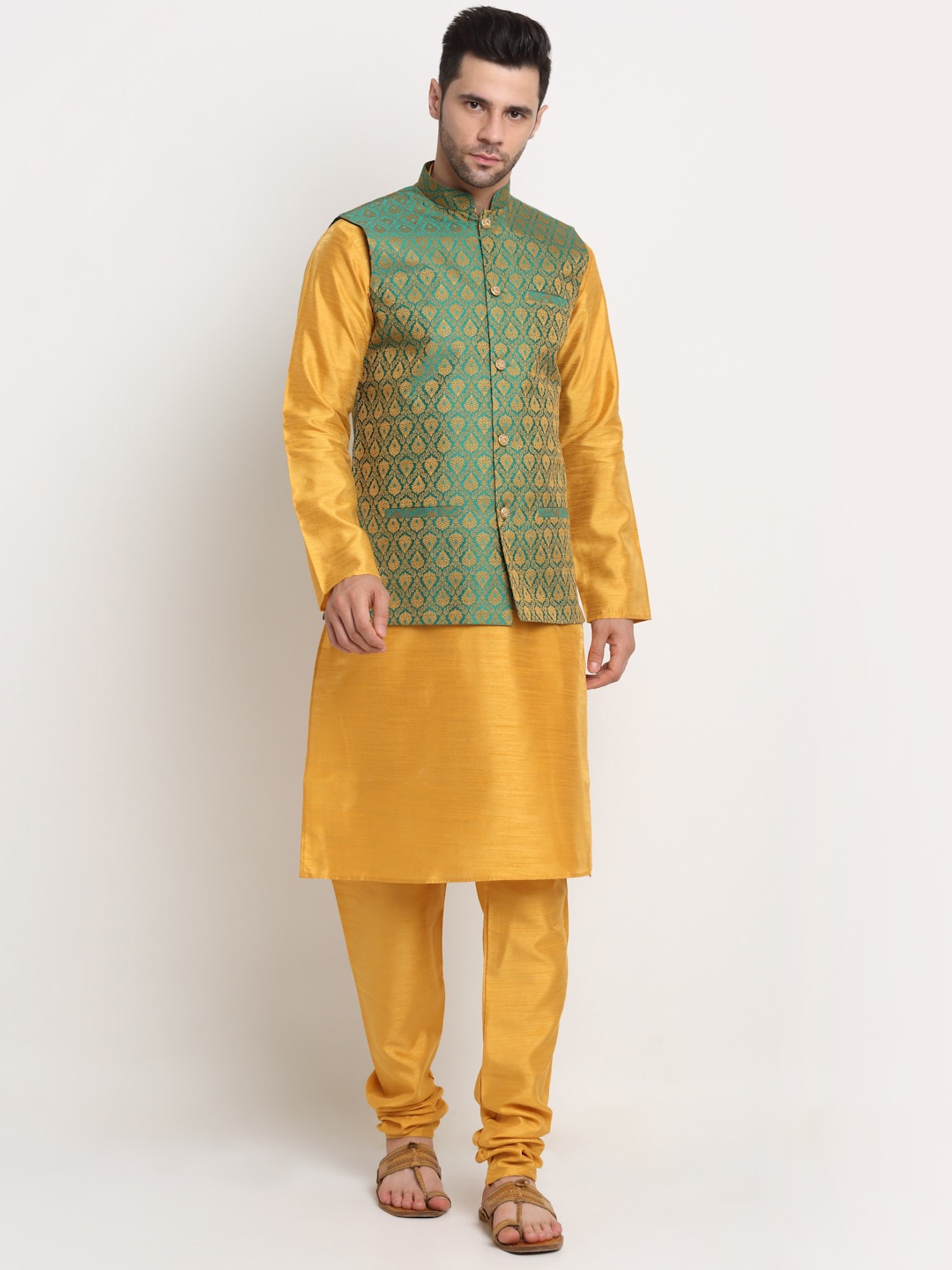 

KRAFT INDIA Men Kurta With Churidar & Nehru jacket, Mustard